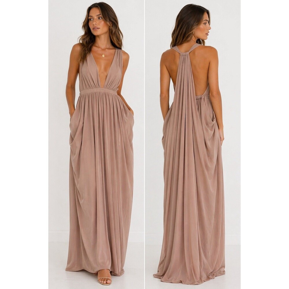 Sabo Skirt Maxi Dress Blush Taupe Plunge Draped Grecian Formal Size S NWT